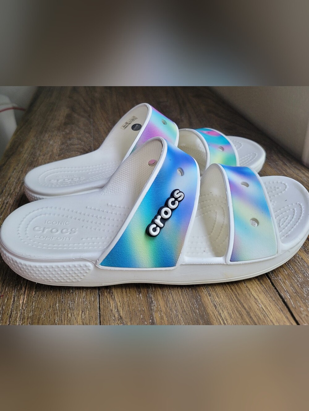 CROCS White Slides with Rainbow Blue-Green Ombre Straps